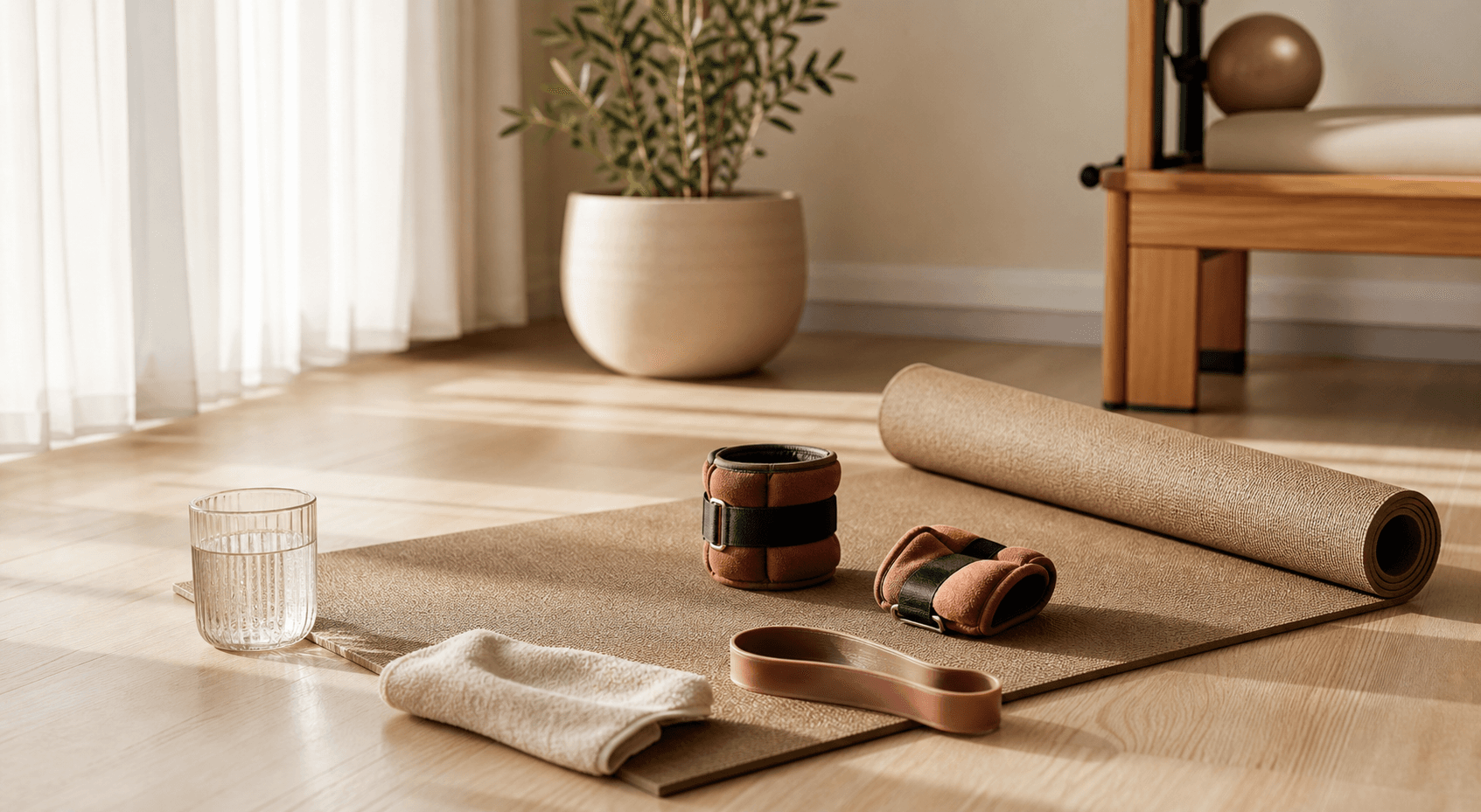 A Pilates mat in a sunlit home studio